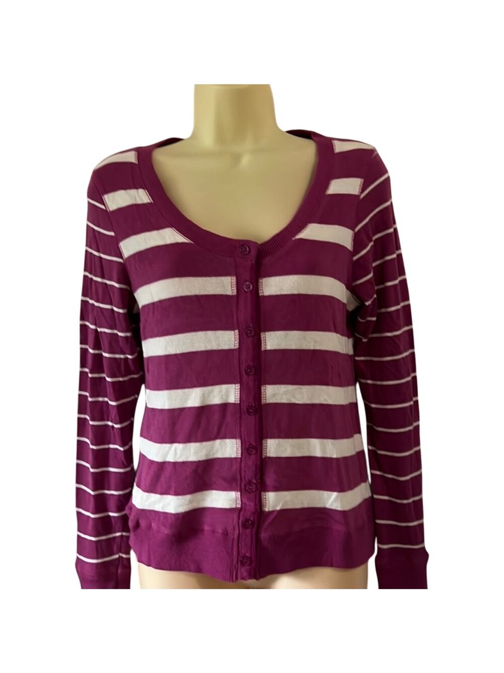 Poof Excellence M Raspberry & White Striped Knit Cardigan Top